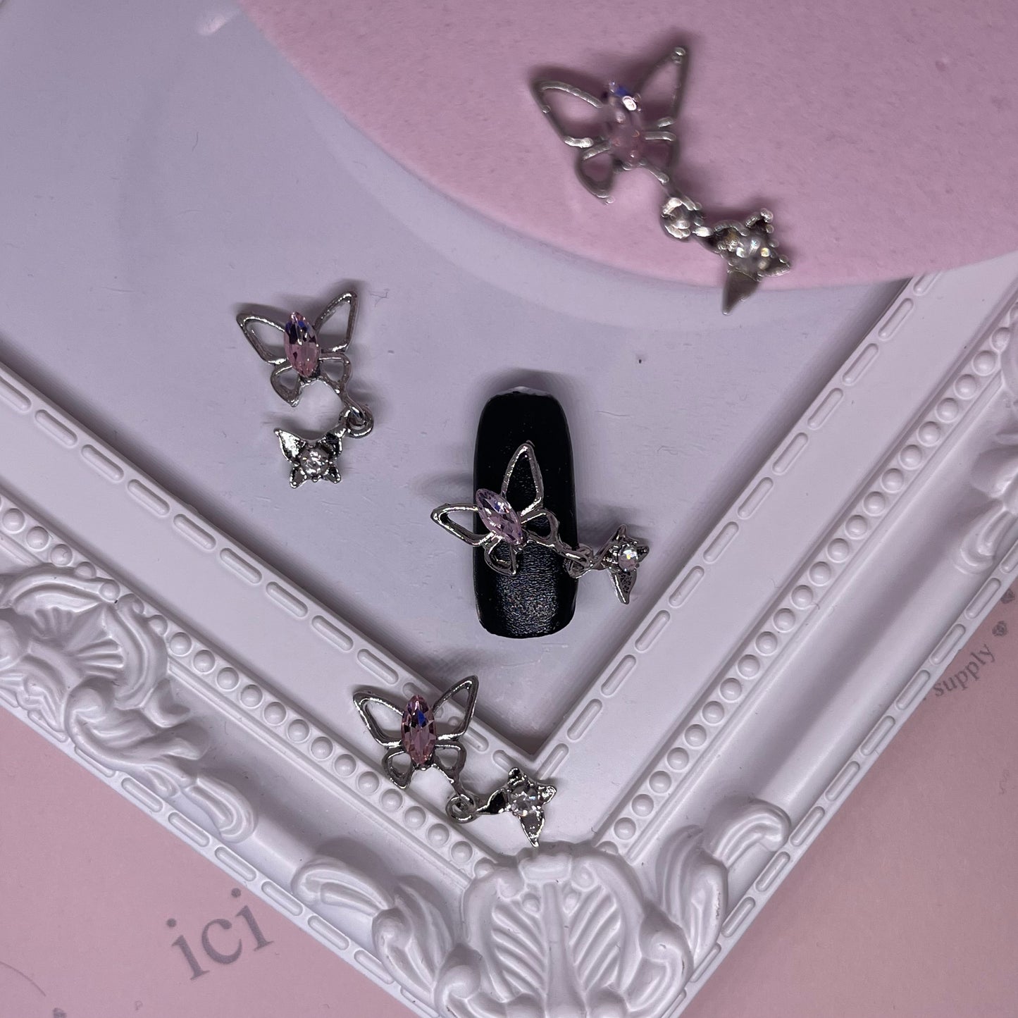 Pink Rhinestone Silver Butterfly with Dangle