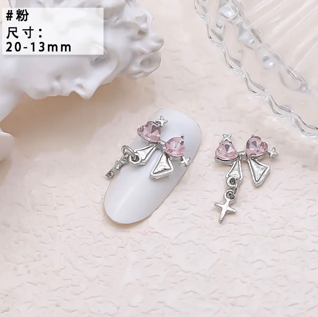 Rhinestone Bow with Star Dangle - Silver/Pink