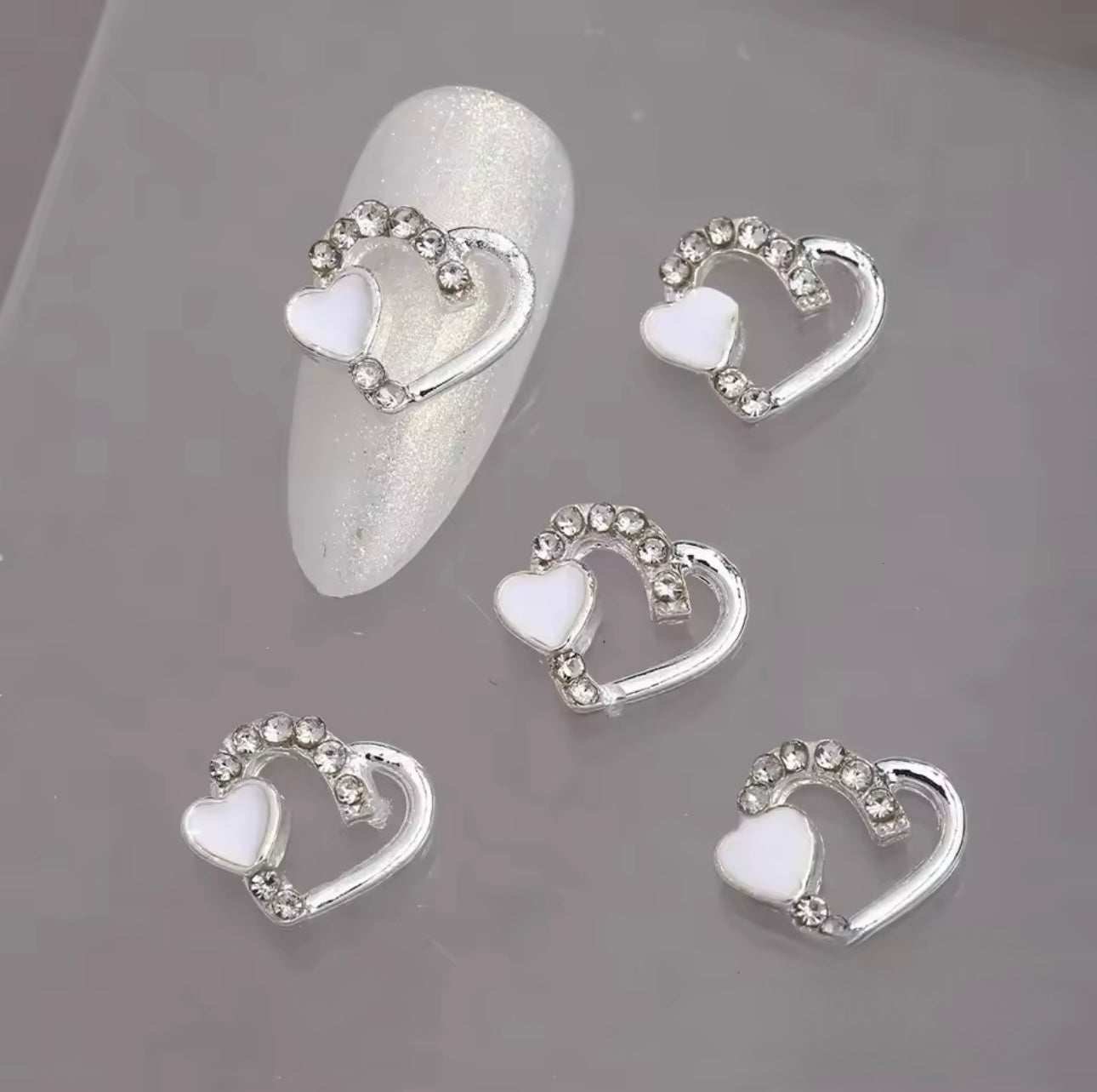 Silver Rhinestone heart with white heart