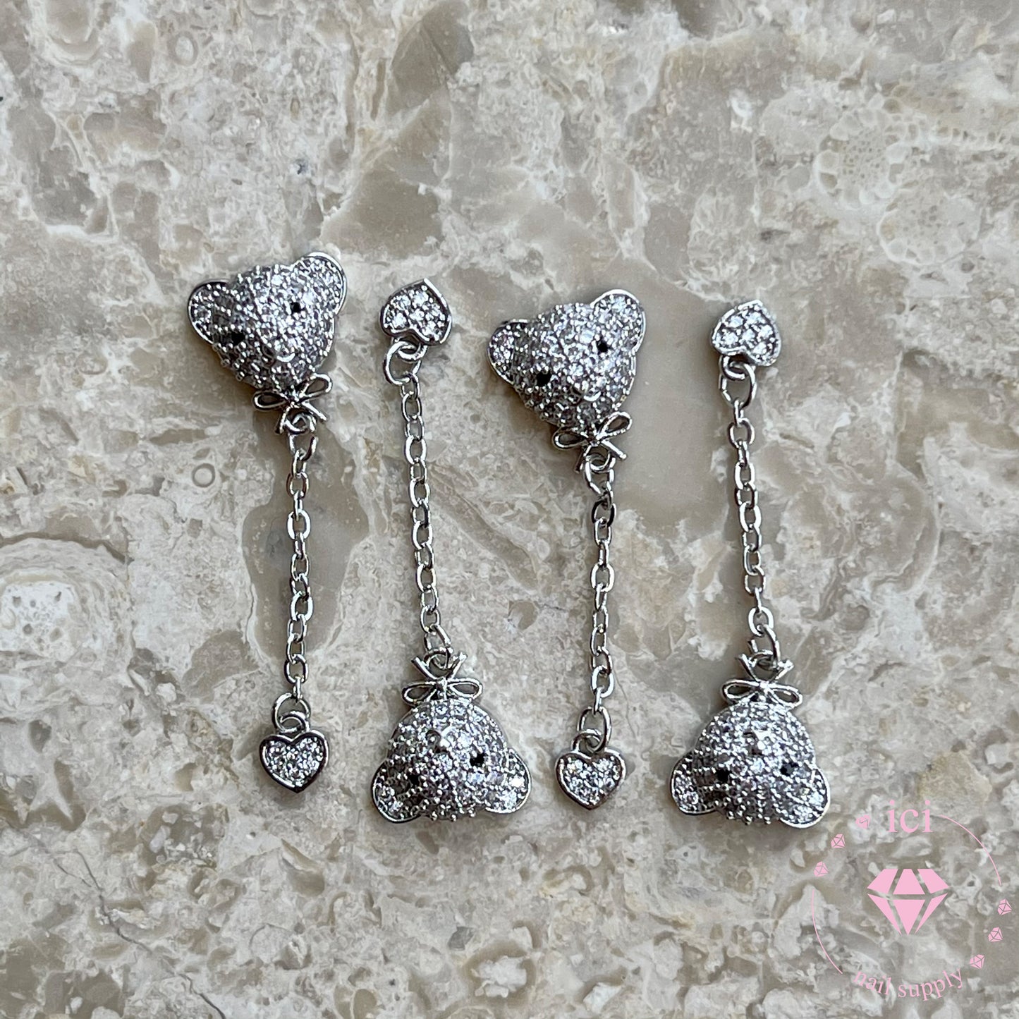 Bear with Heart Chain Dangle - Silver