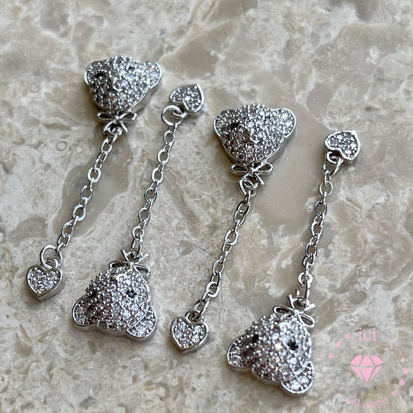 Bear with Heart Chain Dangle - Silver