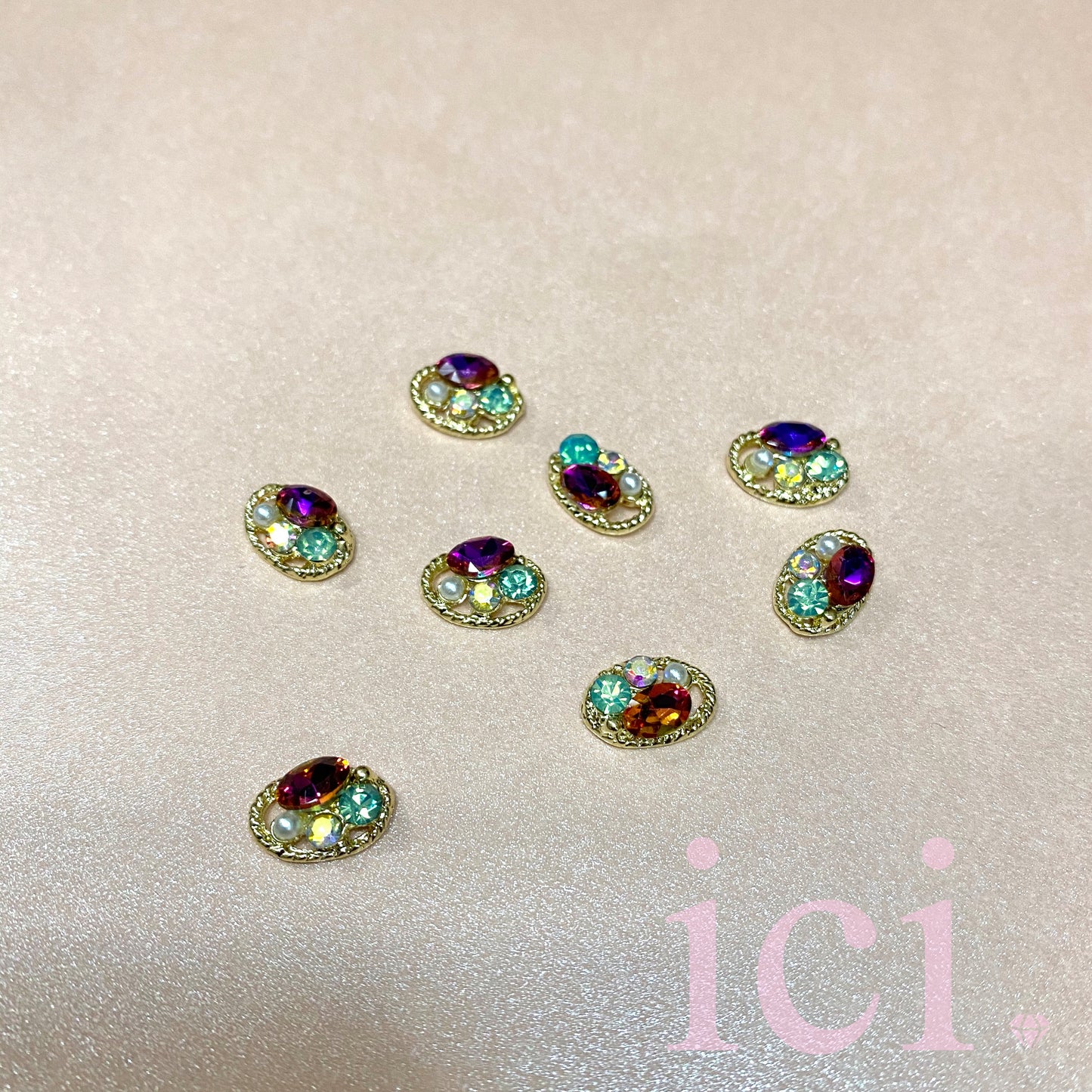 Purple Oval & Green stone Cluster