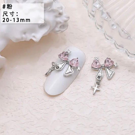 Rhinestone Bow with Star Dangle - Silver/Pink