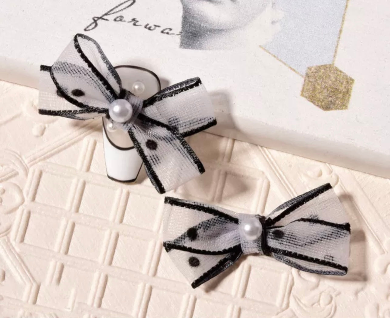 Fabric Bow - White with Black Dots