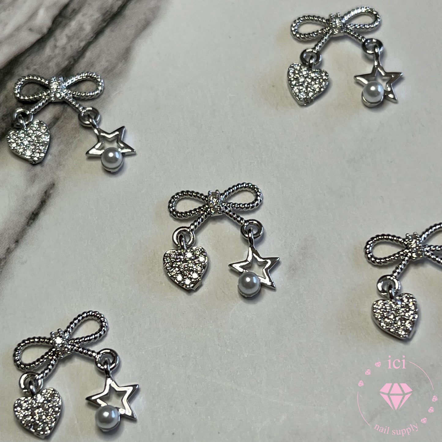 Bow with Heart and  Star Pearl Dangle